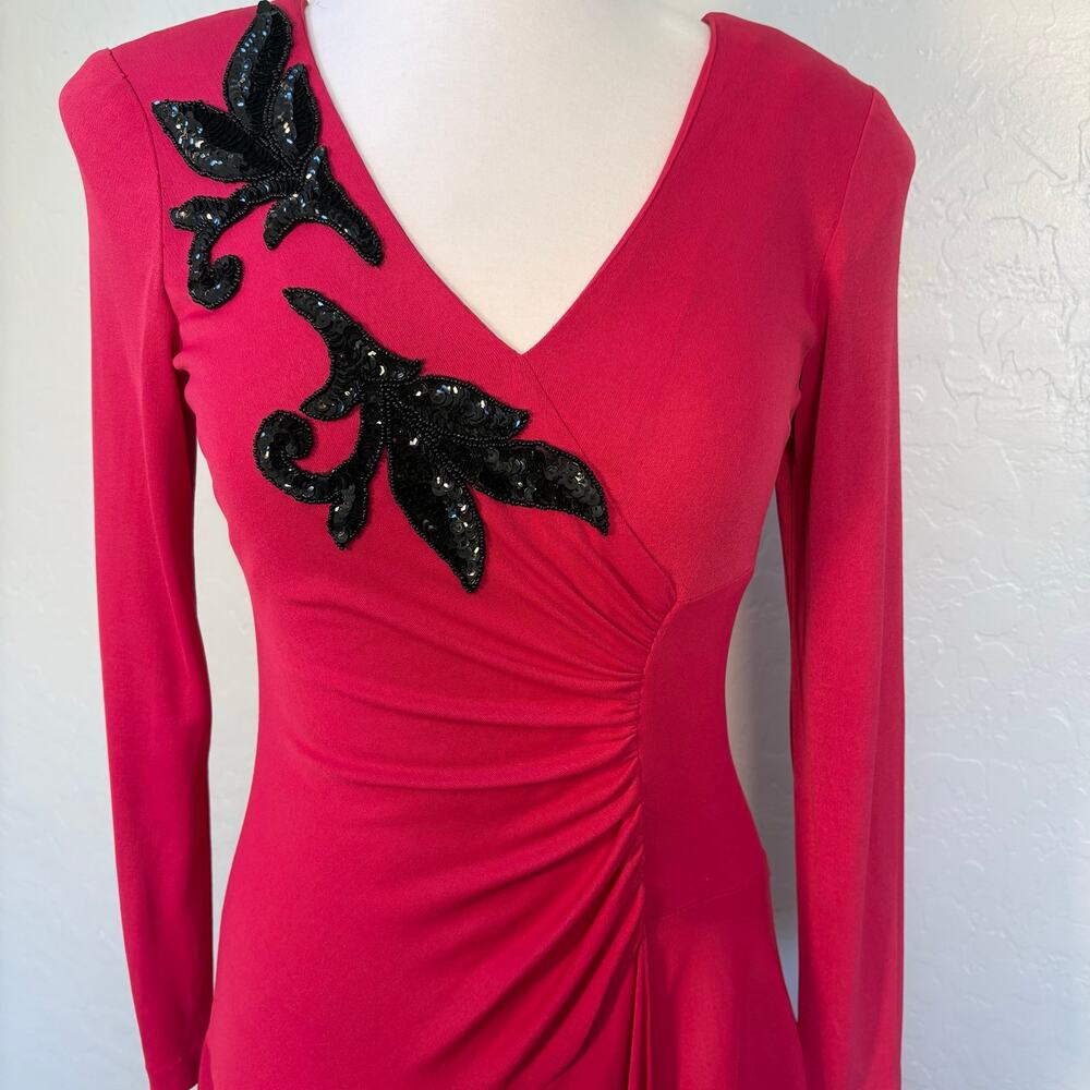 Vintage AYRES by Eysen Pink & Black Beaded Faux Wrap Dress 70s Disco Cocktail M - Picture 7 of 15